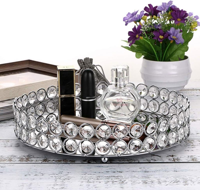 Hipiwe Crystal Make up Tray, Mirror Perfume Tray Bathroom Storage Trays Jewelry Trinket Trays Vanity Cosmetic Organizer Home Decor, Birthday Gift for Women(Round 9.8 Inch) - Image 5